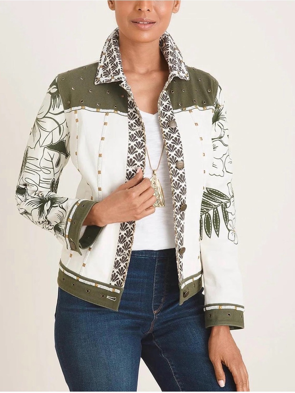 Chico’s Womens Olive & White Printed and Embellished Utility Jacket